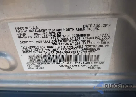 2015 Mitsubishi Outlander Sport Es from USA, damaged, VIN 4A4AR3AU5FE005681